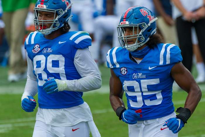 Sep 26, 2020; Oxford, Mississippi, USA; Mississippi Rebels defensive end Ryder Anderson (89) and Mississippi Rebels linebacker Tavius Robinson (95) during the game against the Florida Gators at Vaught-Hemingway Stadium.